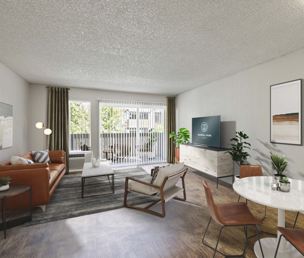 Move-in ready living room with open-concept floor plan, large windows, and natural light at Bidwell Park Fremont in Fremont, California