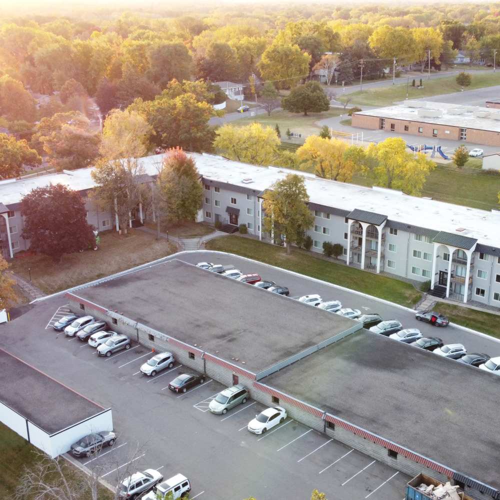 Aaprtment's aerial view with car parking facility at Morada in Crystal, Minnesota