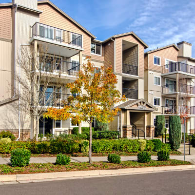 Professionally maintained landscaping outside resident buildings at Sofi at Cedar Mill in Portland, Oregon