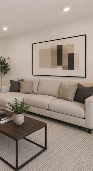 Sofa with cushions and plant at Shoreview Hills in Shoreview, Minnesota