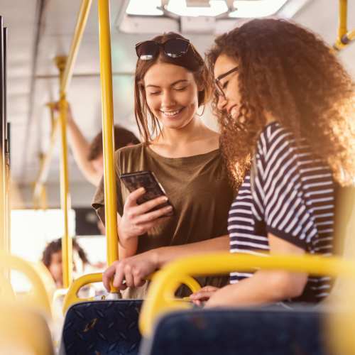 Two girls on a bus in Portland, Oregon