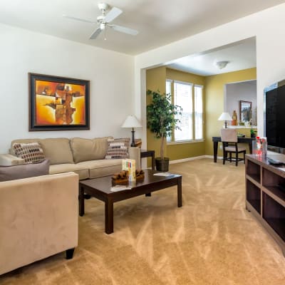 A furnished living room at The Village at Serra Mesa in San Diego, California