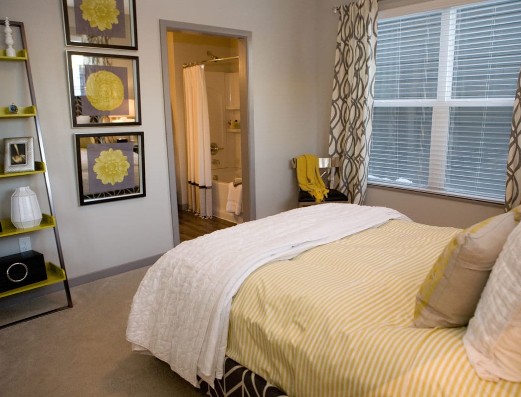 Modern bedroom in model apartment at Palmer House Apartment Homes in New Albany, Ohio