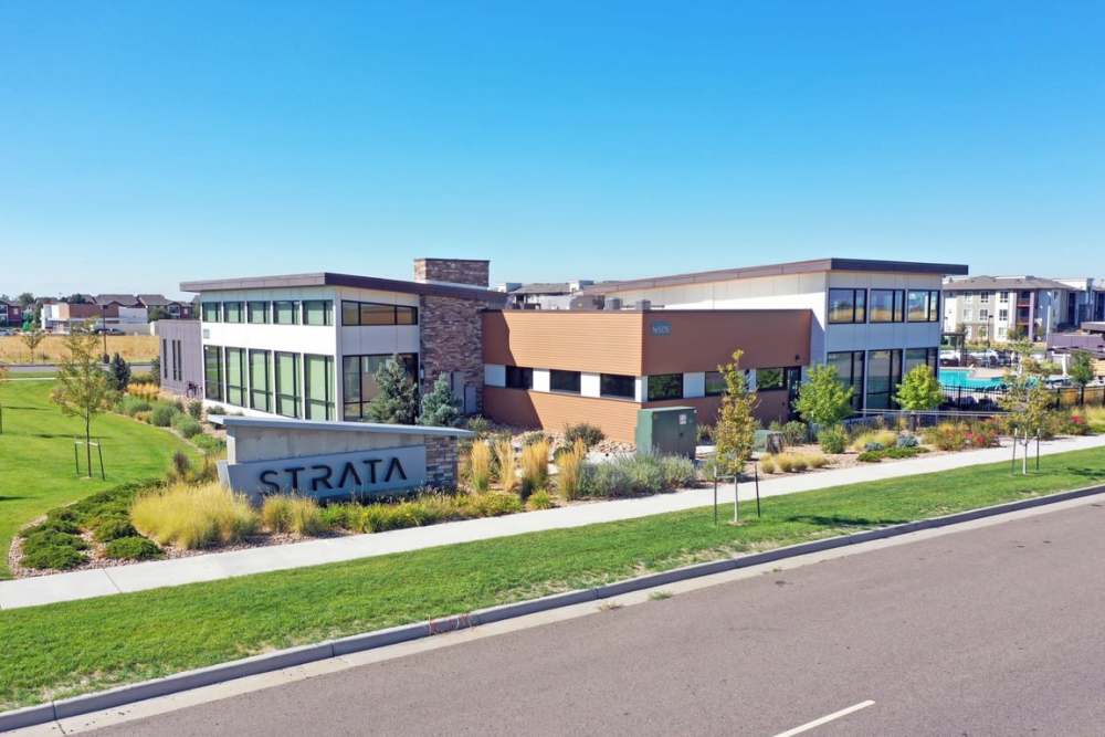 Exterior and Aerial of Leasing Office at Strata Apartments in Denver, Colorado