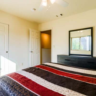 A well-lit bedroom at Serra Mesa in Oceanside, California