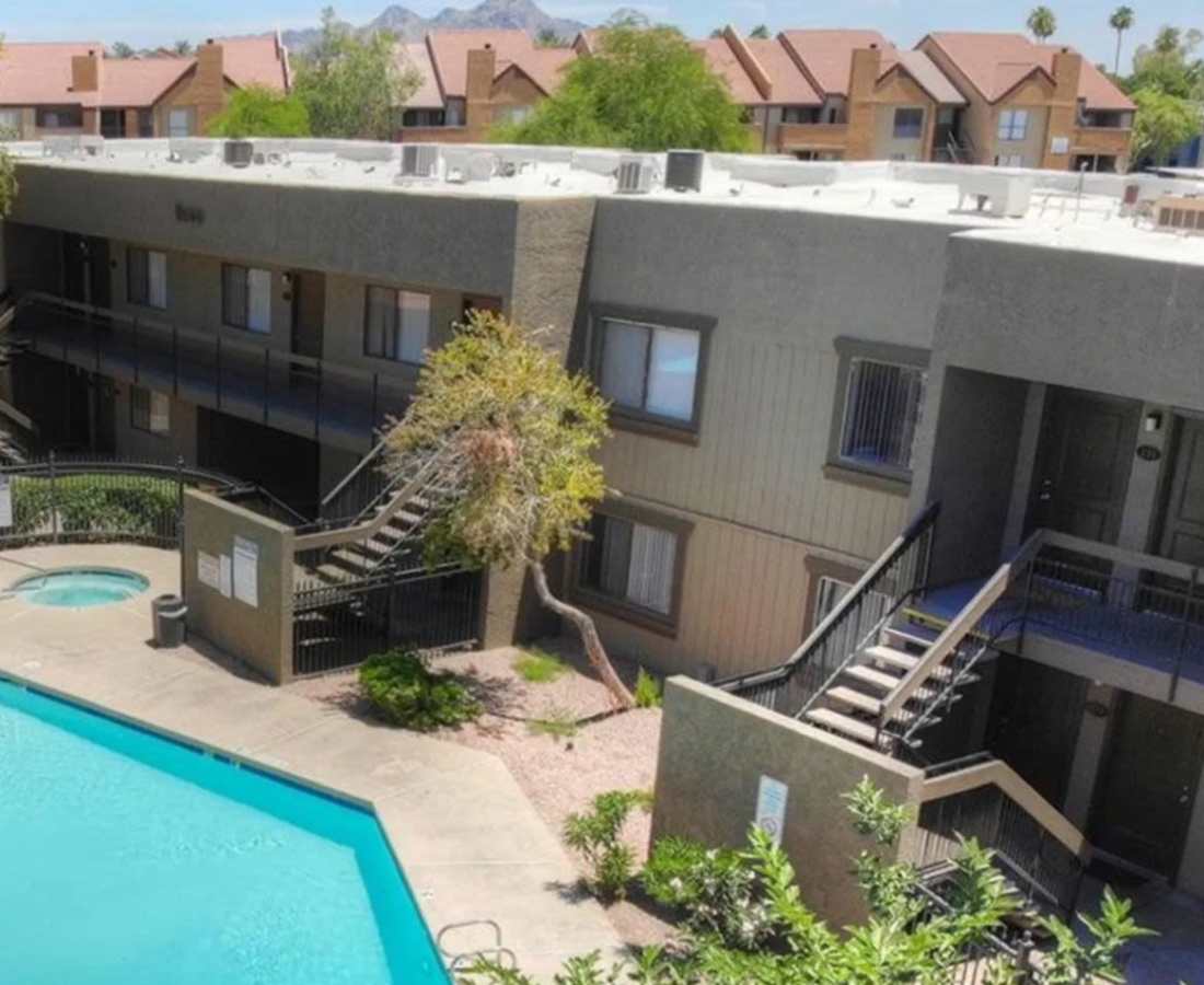 Drone shot of the entrance at Raystone Apartments in Phoenix, Arizona