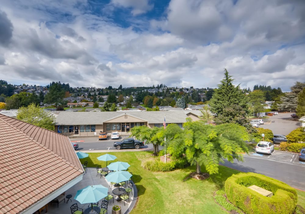 Aerial view of courtyard at King City Senior Village in King City, Oregon