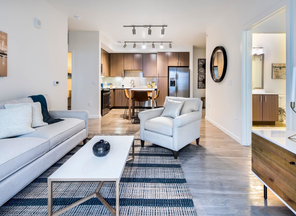 Mid-century modern furnishings in an apartment at Elevate in Englewood, Colorado