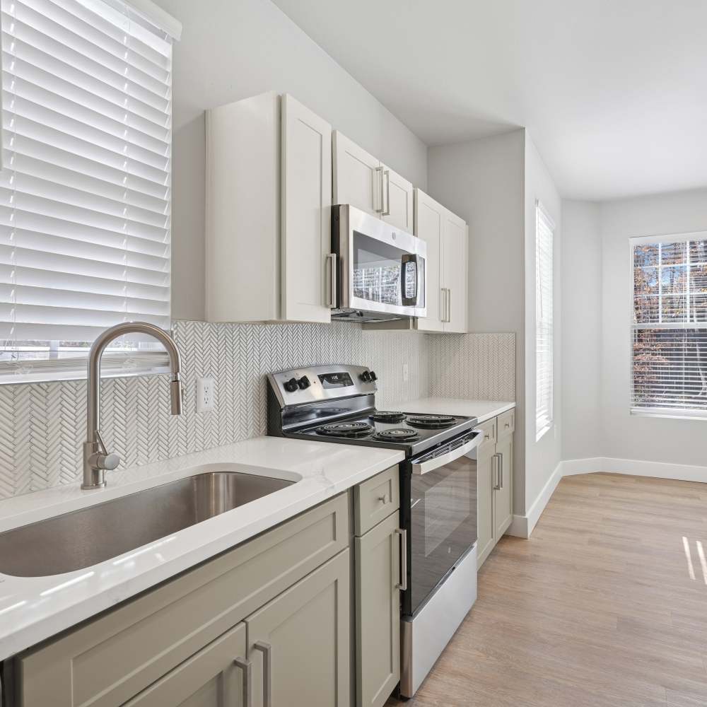 Model kitchen with stainless-steel appliances at Camellia in Raleigh, North Carolina  