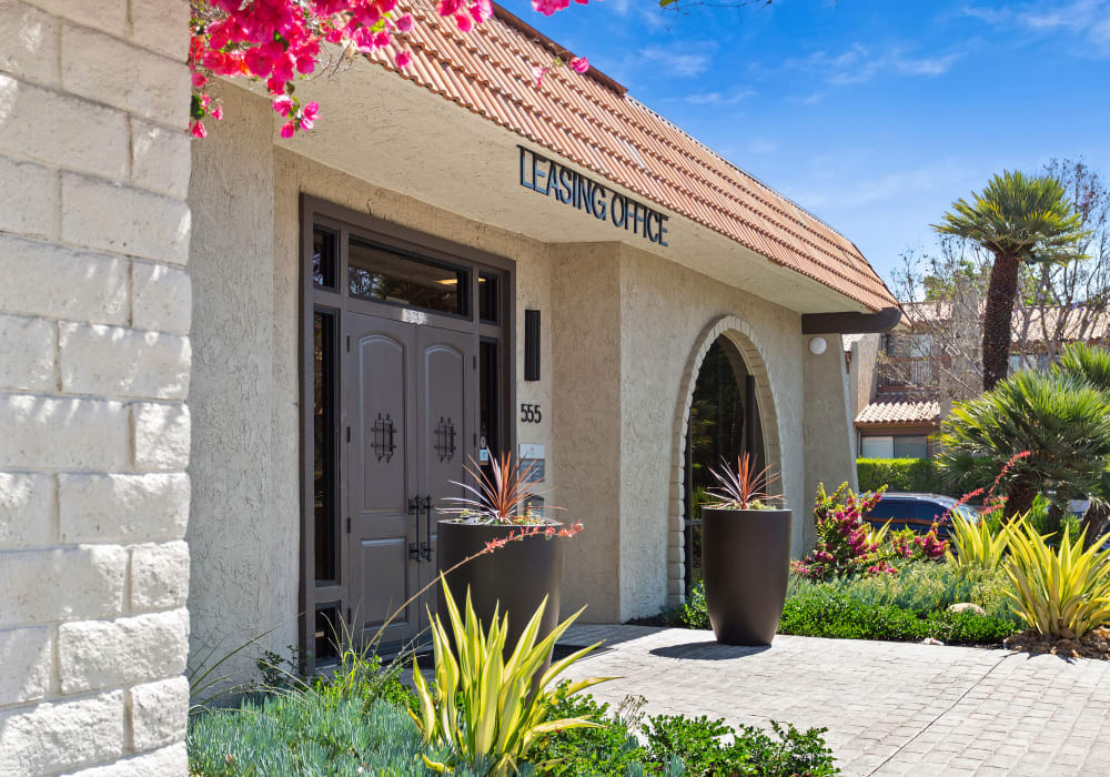 Outdoor entrance to the leasing office on a beautiful sunny day at Terra Camarillo in Camarillo, California