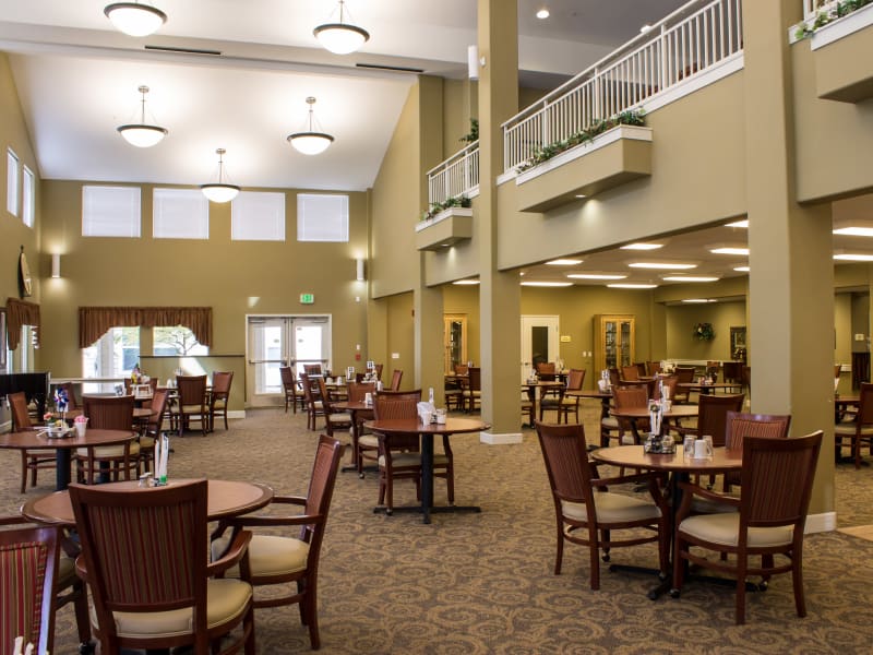 Large open air dining hall at Timber Pointe Senior Living in Springfield, Oregon