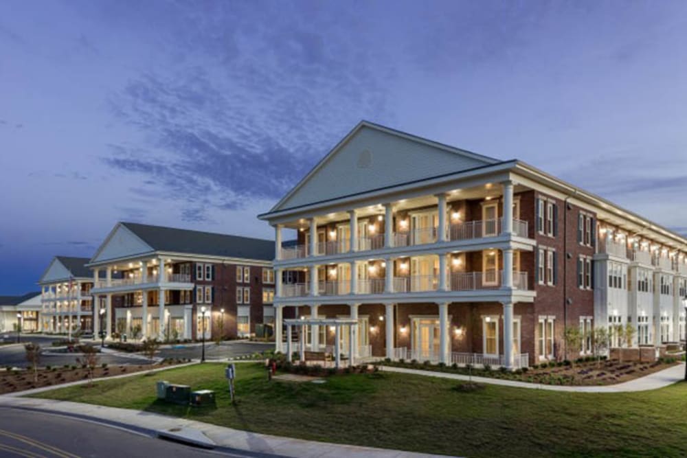 Evening view of Merrill Gardens at Madison in Madison, Alabama. 