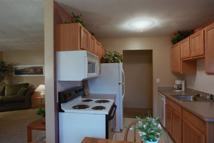 Living room and kitchen at Lake Vista Apartments in Rochester, NY