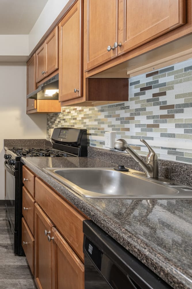 Kitchen with maple cabinets, tile backsplash, and black appliances