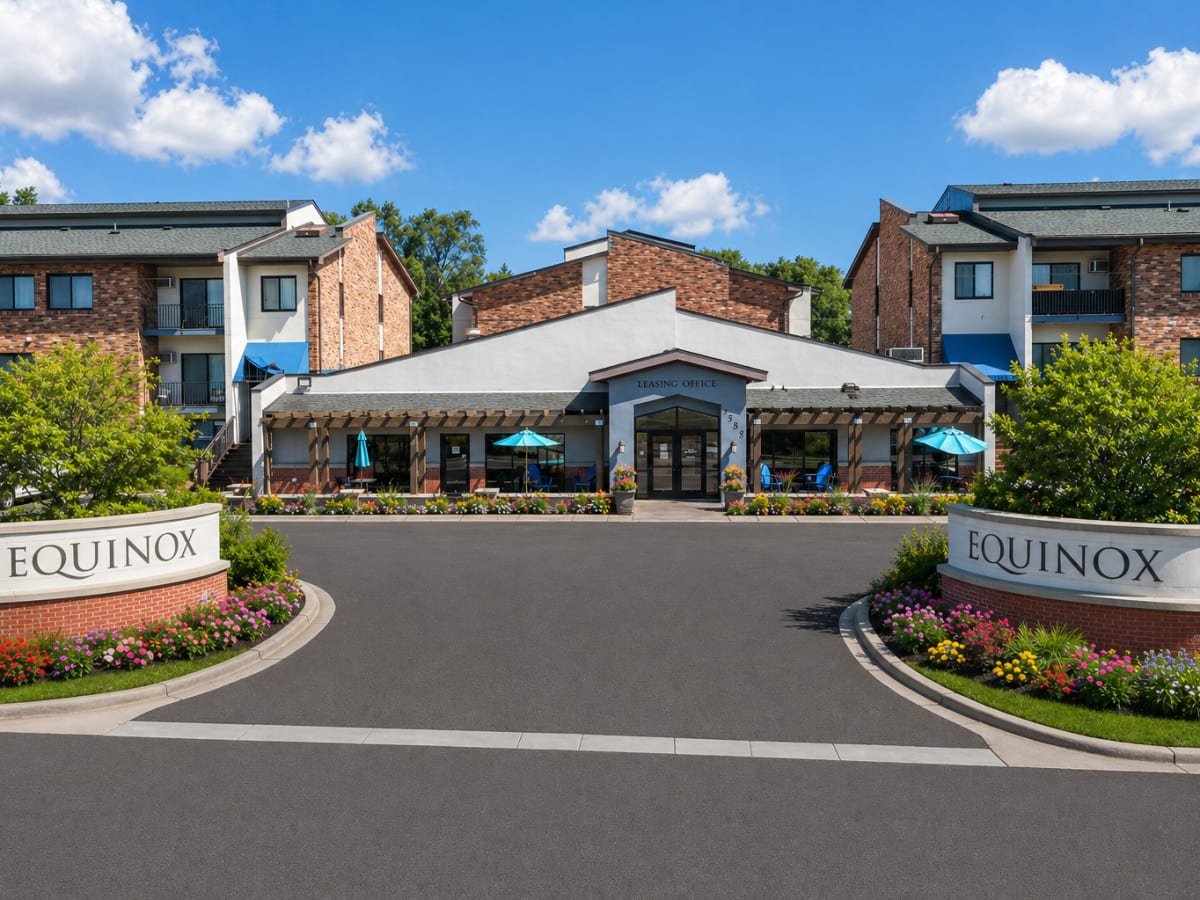 Entrance view of Equinox Apartments in Saint Anthony, Minnesota