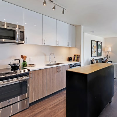 Beautiful well-lit kitchen at Rooster Apartments in Seattle, Washington