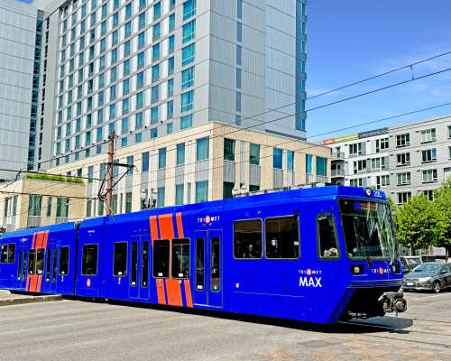 Train in the city near The Union in Portland, Oregon