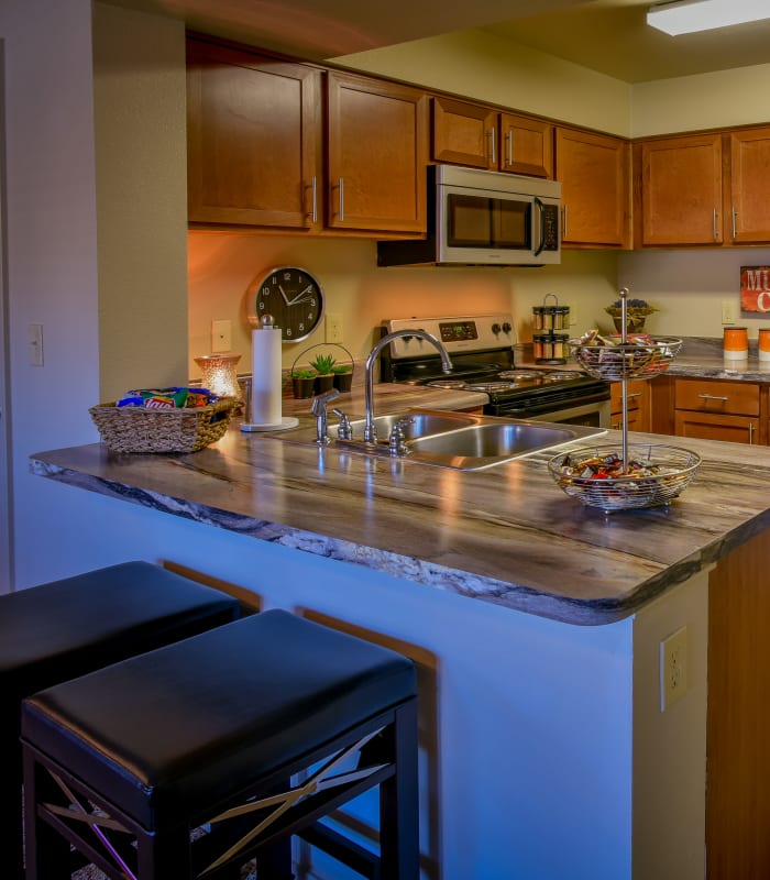 Kitchen with granite countertops at Icon at Broken Arrow in Broken Arrow, Oklahoma