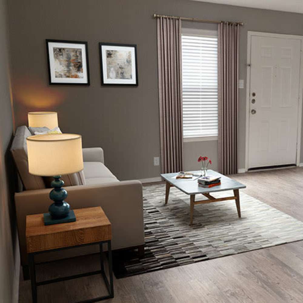 Gray walls with a sofa and coffee table at The Camaron Townhomes & Flats in San Antonio, Texas