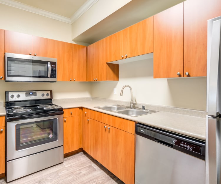 Modern kitchen with black appliances in model home at The Landing at Mansfield in Mansfield, Texas