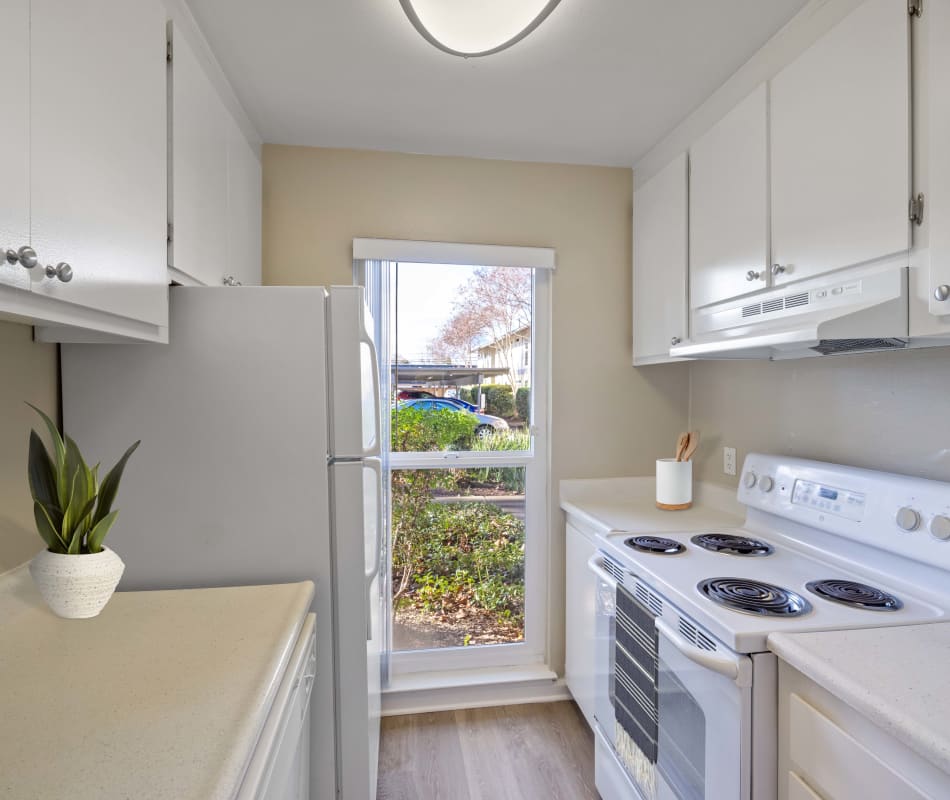 Modern kitchen in a model home at Montecito Apartments in Santa Clara, California