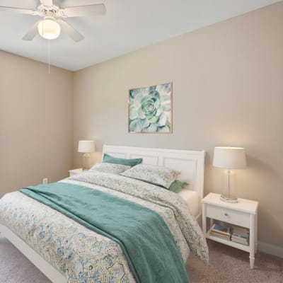 A well-lit bedroom at Lovell Cove in Patuxent River, Maryland