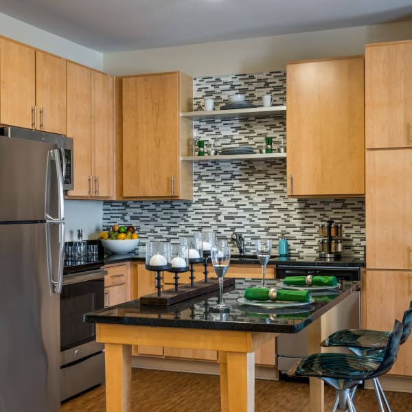 A kitchen with modern appliances at Pinnacle Apartments, Hampton, Virginia