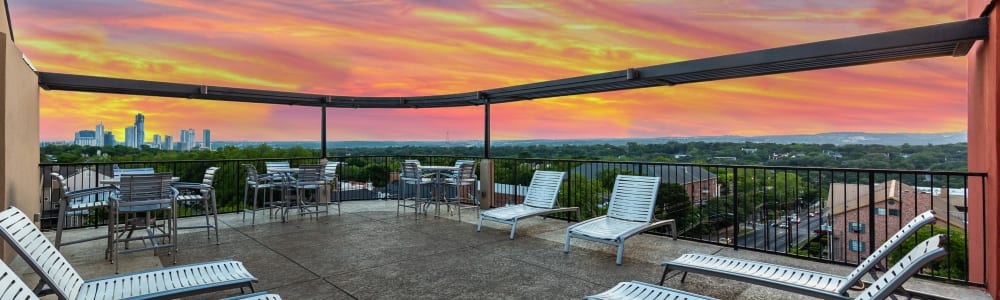 Rooftop lounge at sunset at Regents West at 24th in Austin, Texas