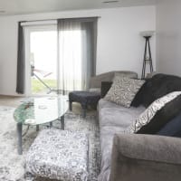 Modern furnishings in a model townhome's living at Spring Creek Townhomes in Springfield, Illinois