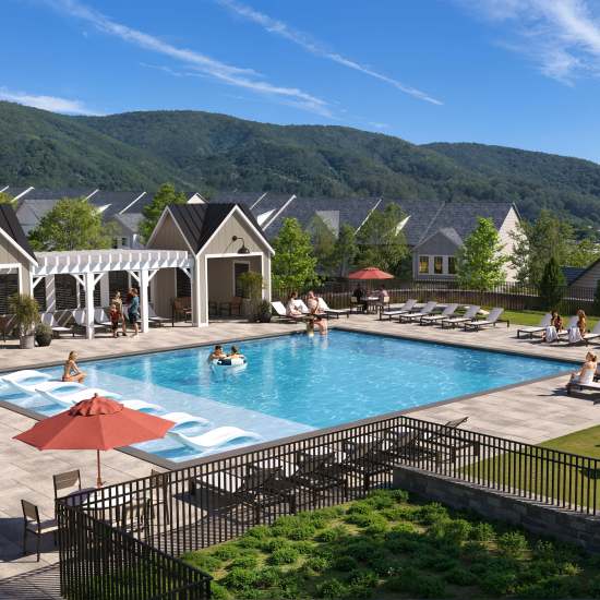 Swimming pool and clubhouse at The Wilds at Cedar Mountain in Asheville, North Carolina