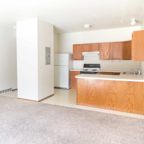 Apartment kitchen and living room at Steinbeck & Twain in Ames, Iowa