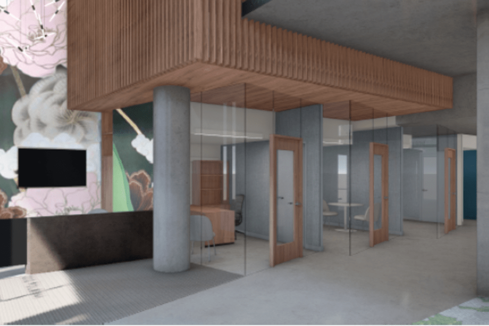 Rendering of community reception area at Lark Landing in San Francisco, California