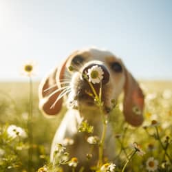 Dog smelling the flowers near Avilla Prairie Center in Brighton, Colorado