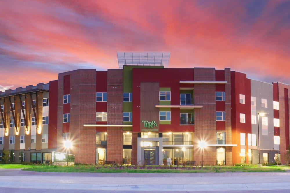 Exterior of apartments at Terra at University North Park in Norman, Oklahoma