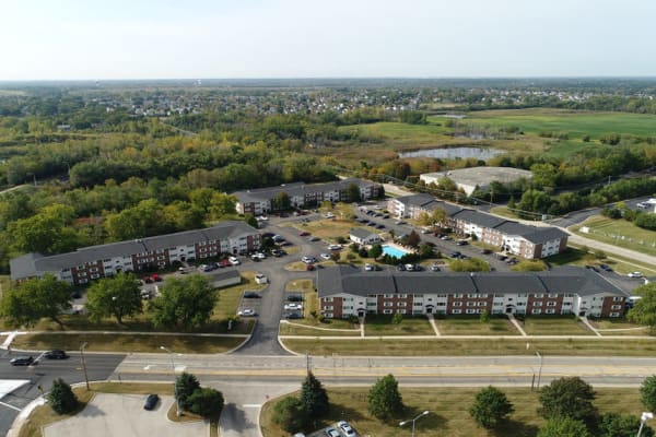 Arial shot of the neighborhood at West Line Apartments in Hanover Park, Illinois