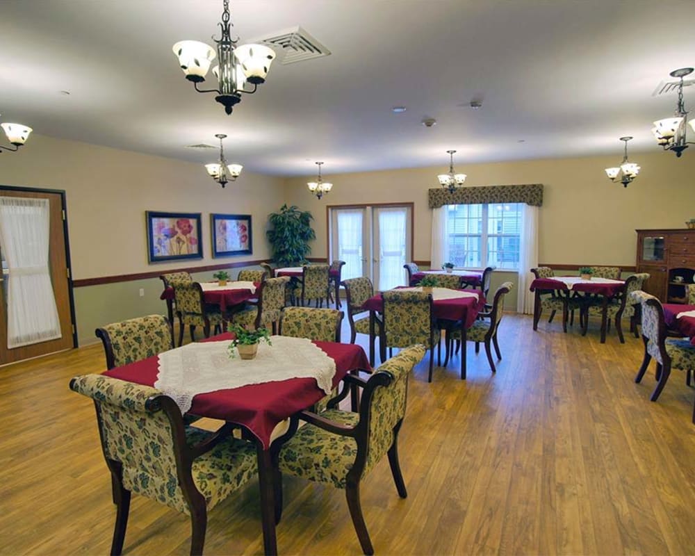 Spacious resident dining room at Milestone Senior Living Rhinelander in Rhinelander, Wisconsin.