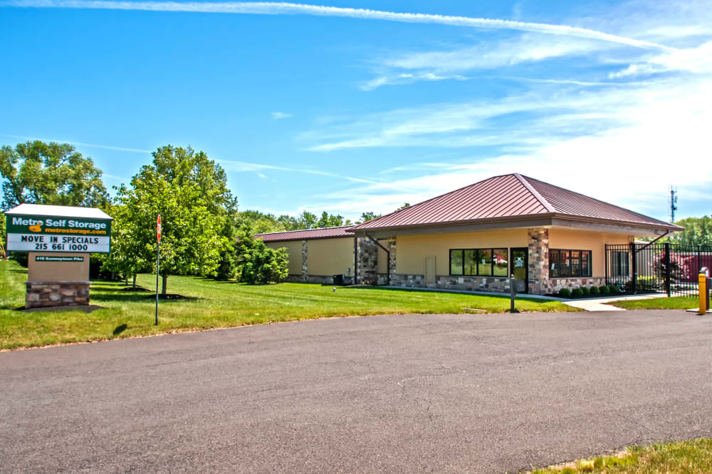 Leasing office exterior view at Metro Self Storage in North Wales, Pennsylvania
