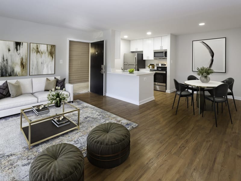 Hardwood flooring in a roomy model apartment at Windsor Park in Woodbridge, Virginia