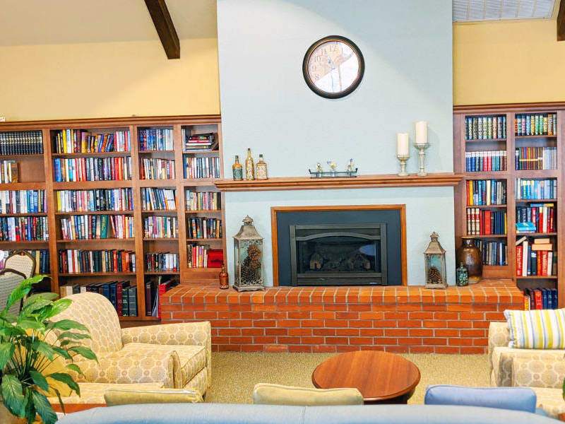 Library reading area at Blossom Vale Senior Living in Orangevale, California.