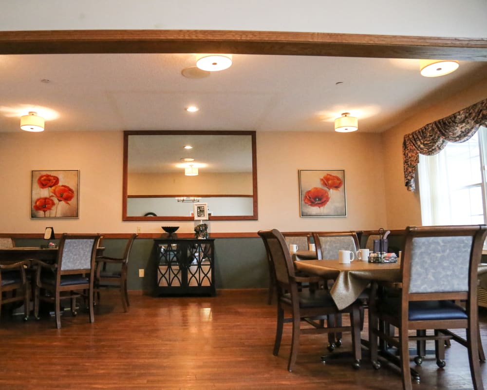 Spacious resident dining room at Liberty Court in Dixon, Illinois.