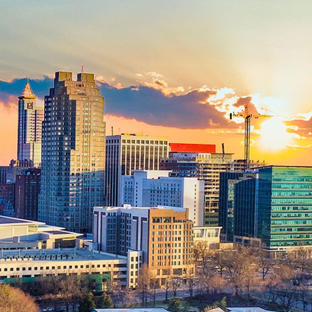 View of the city skyline near Village on Hill Street in Raleigh, North Carolina