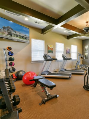 Fitness center at Cottages at Abbey Glen Apartments in Lubbock, Texas