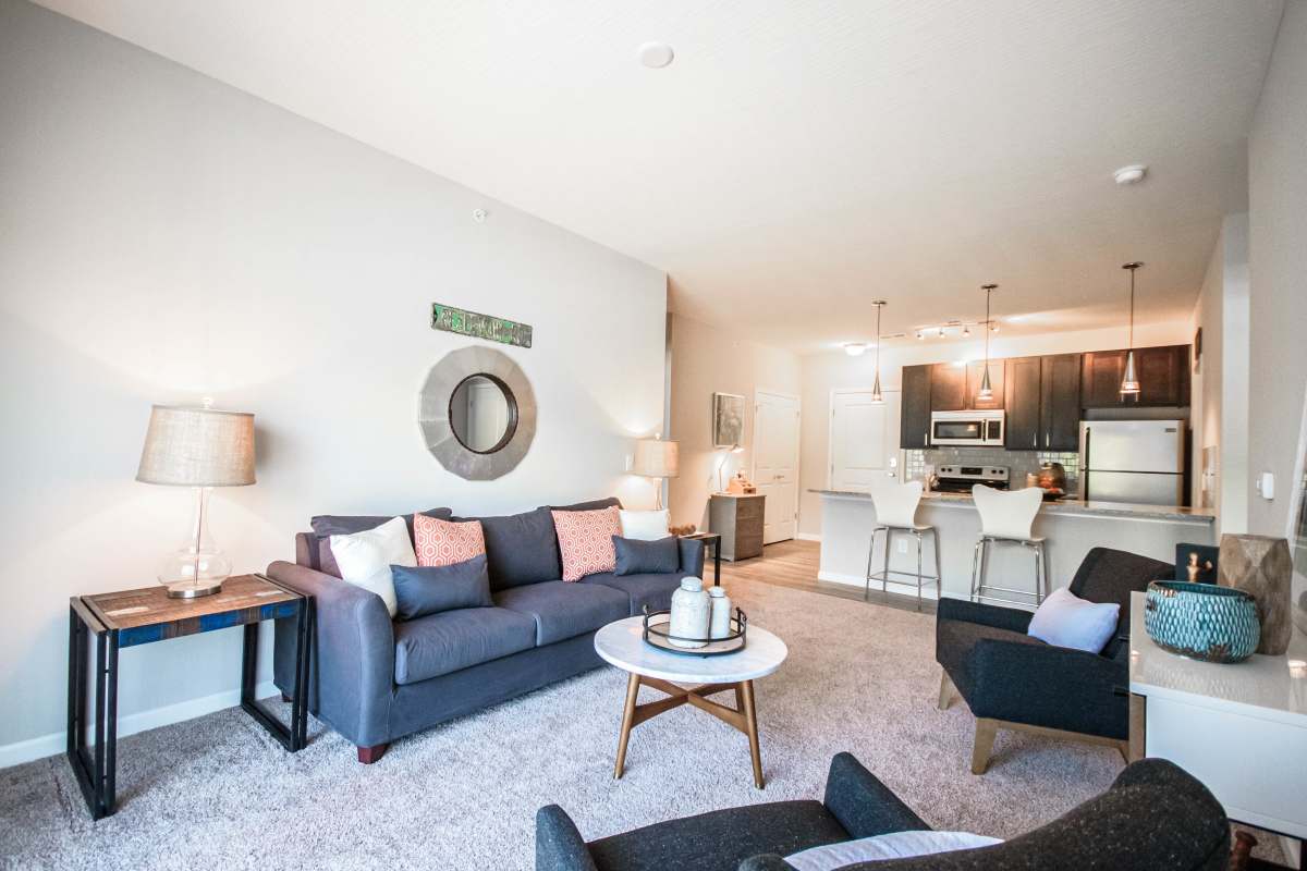 Open floor plan living room at Mirada Apartments in Lewis Center, Ohio