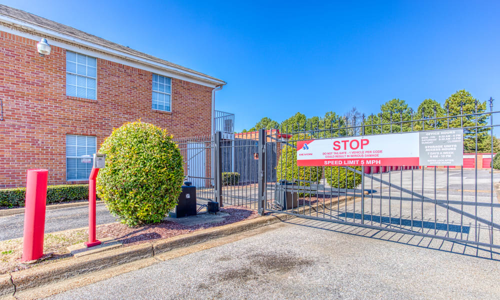 Gated entry at Devon Self Storage in Memphis, Tennessee