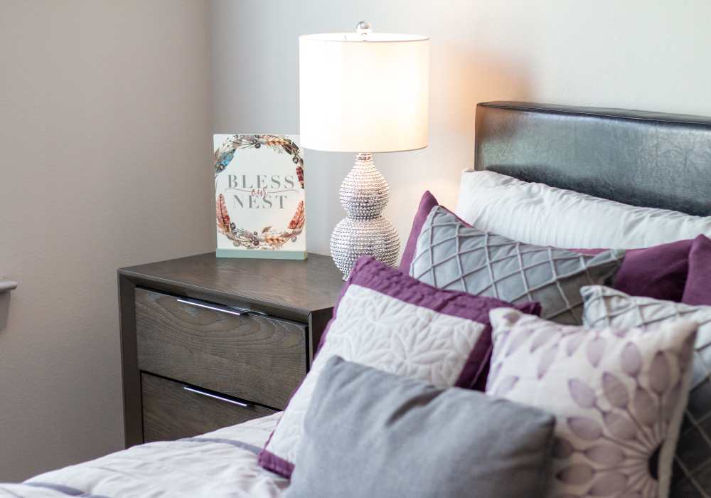 Model bedroom with storage spacesat The Bammel in Houston, Texas