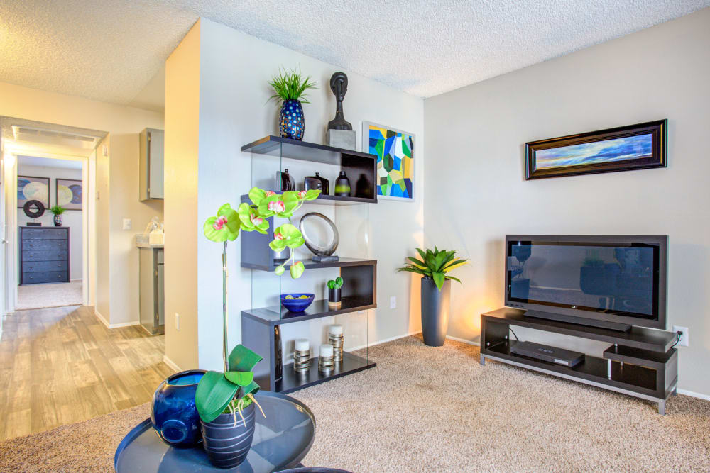 Fully furnished and carpeted living room at Verde Apartments in Tucson, Arizona