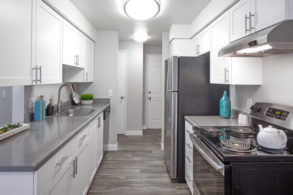 Modern, renovated kitchen in model home at Heatherbrae Commons in Milwaukie, Oregon
