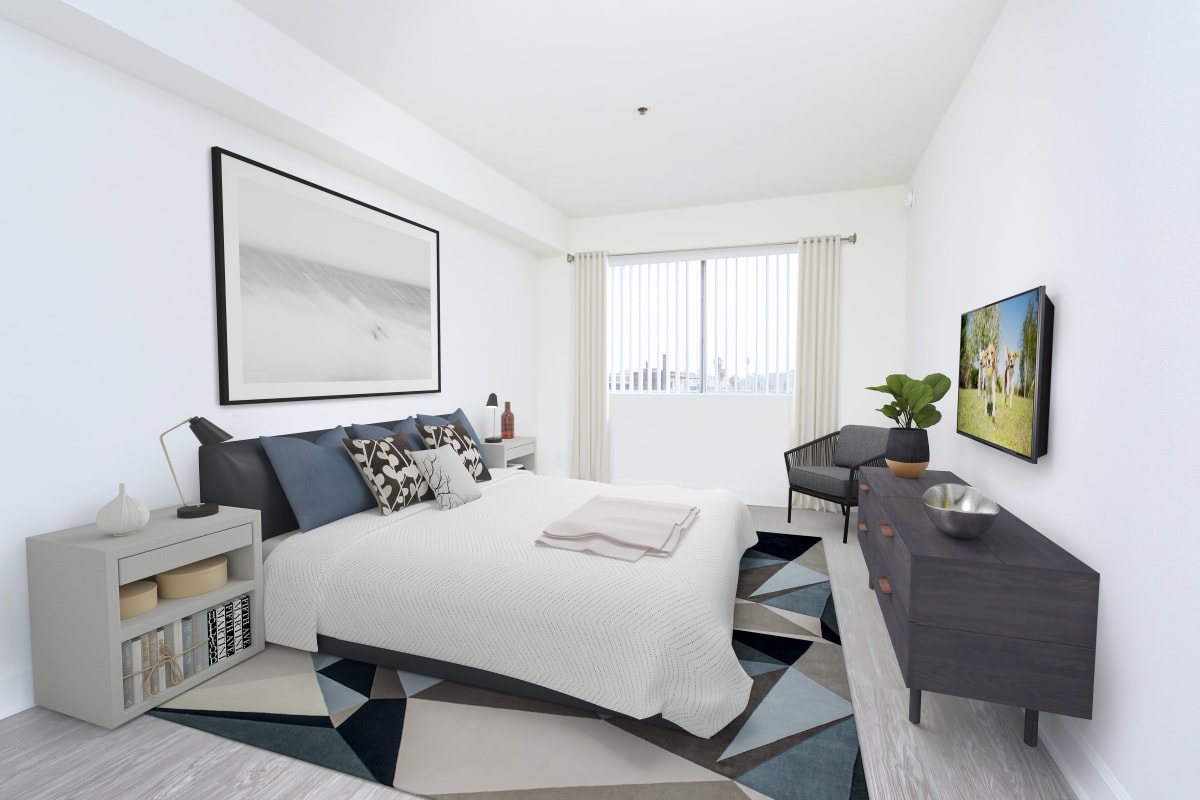 Model bedroom at Kingsley Drive Apartments, Los Angeles, California