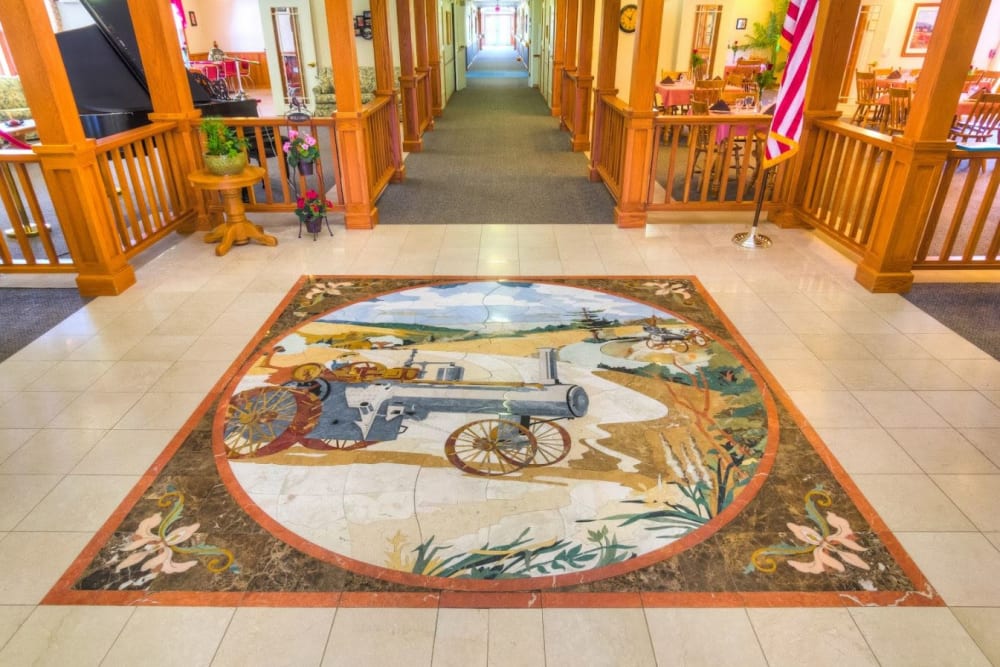 Closeup of the lobby's tile mosaic at Addington Place of Mount Pleasant in Mt Pleasant, Iowa