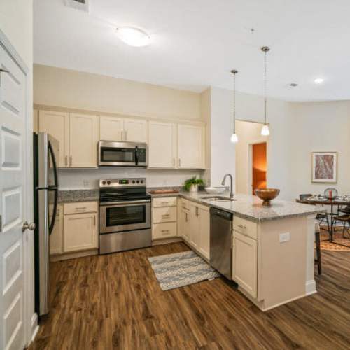 View of kitchen with wooden flooring at Lodge at Lake Wylie in Lake Wylie, South Carolina